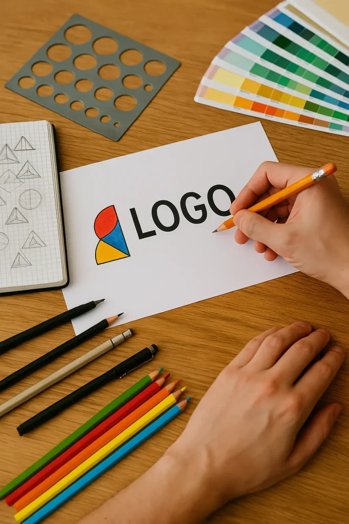 La photo montre un bureau de graphiste vu de haut, éclairé par une lumière naturelle douce. Au centre, un dessin de logo est entouré de carnets de croquis, nuanciers de couleurs Pantone, crayons, et outils de dessin. L’ensemble crée une atmosphère artisanale et créative, illustrant les étapes manuelles du métier de designer graphique.
