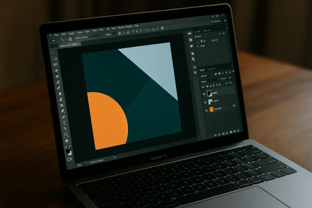 La photo montre un ordinateur portable MacBook Pro posé sur une table en bois clair. L’écran affiche Adobe Photoshop ouvert avec une création graphique colorée composée de formes géométriques (triangle bleu, demi-cercle orange, forme verte). La scène est éclairée par une lumière douce, donnant une ambiance de travail calme et concentrée.